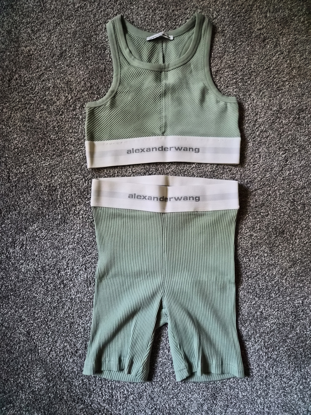 Alexander Wang Sage Green Ribbed Set Top And Shorts with Branded Waistband
